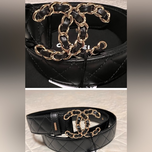 - CHANEL BLACK QUILTED 💥 CC LOGO GOLD BUCKLE BELT NEW size 85 - Picture 6 of 12